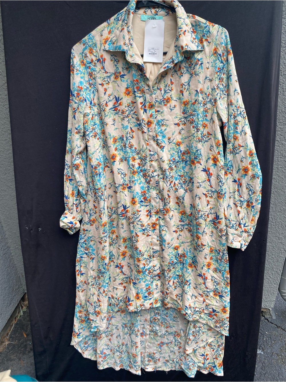 Karlie Cream Floral Button-Front Blouse with Blue & Orange Print